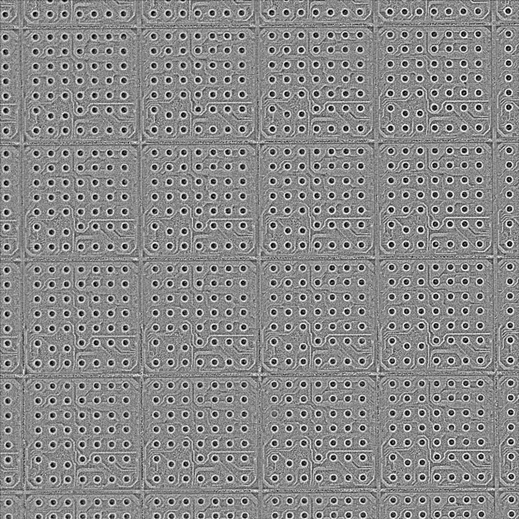 Foresight Stereoで復元した3Dサーフェス。色とシミが消え、各バンプが規則正しい突起の海として立ち上がり、L字状の配線トレースやセル境界の段差まで凹凸として浮かび上がる