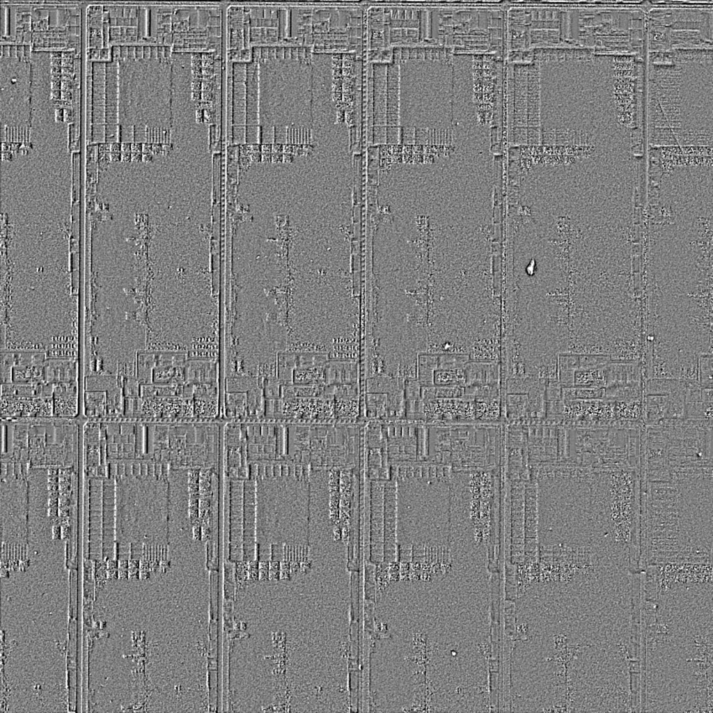 3Dサーフェス画像。色が消え、回路の段差やスクライブラインの溝など物理的な凹凸がレリーフ状に浮かび上がっている