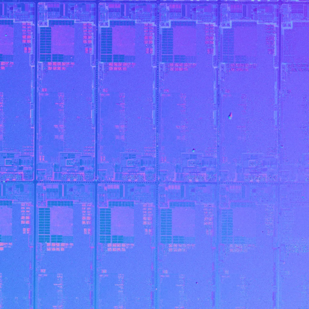 サーフェスノーマル画像。表面の向き（法線）を色で符号化。全体は上向き、エッジや異物位置に向きの変化が現れる