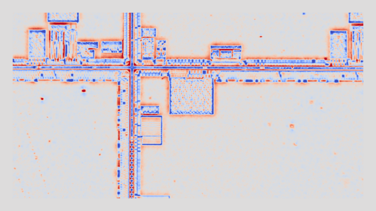 半導体チップの 3D Surface 出力を発散カラーマップで表示した画像。回路の段差が赤と青の細い線として現れている。