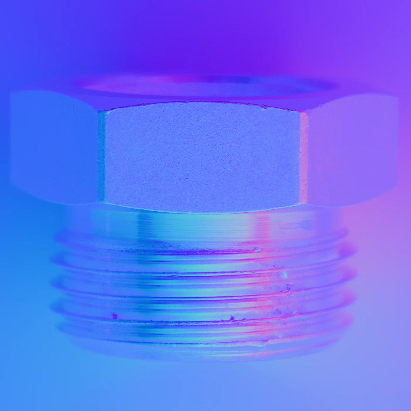 Surface normal map of a stainless steel fitting. Surface direction is encoded as colour, so the flats of the hexagon and the crests of the thread separate into different orientations, and a dent in the thread comes up as shape.