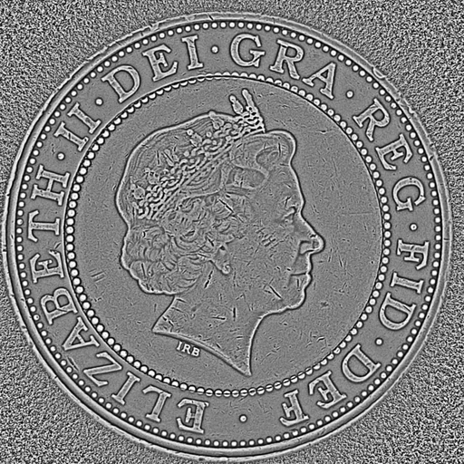 英国 2 ポンド硬貨の 3D Surface 出力。面の向きを積分して起伏にしたもので、肖像のレリーフと刻印が高さの差として立っている。