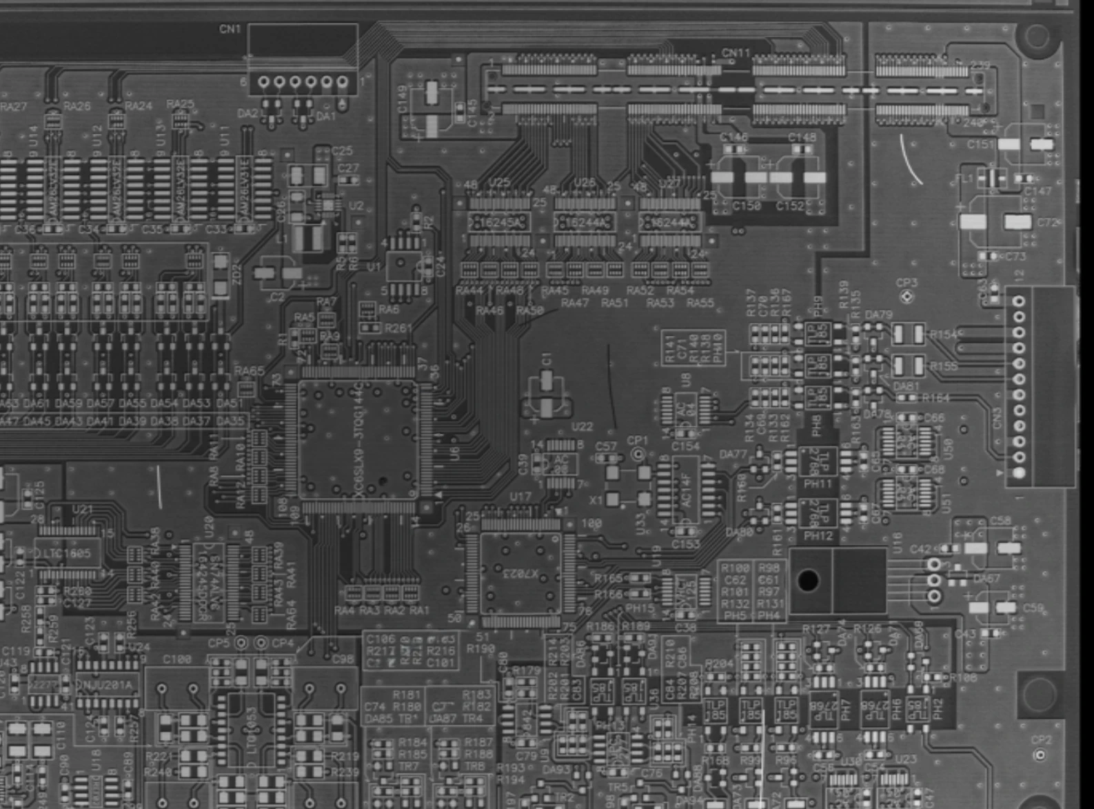 A printed circuit board captured as the 2D Texture output of FORESIGHT STEREO. Several scratches as fine as a hair run among countless components and printed marks, hard to tell apart from the surrounding pattern.