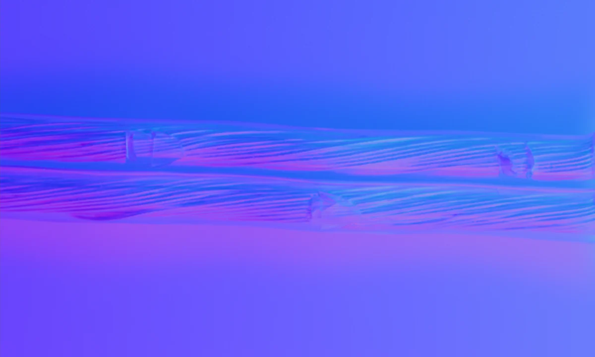Surface Normal output of enamelled wire for an electric motor. Under the transparent insulating coating the copper strands run as stripes, and in three places the flow of the stripes breaks and becomes disordered.