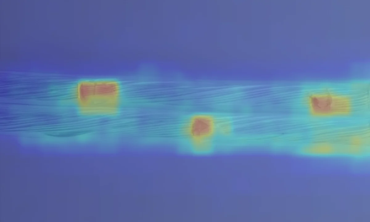 Score map from passing the same enamelled wire through E3 ENGINE. Only the three places where the coating and the stranded wire have been crushed come up as red hot spots; the sound strands and the background stay cold blue.