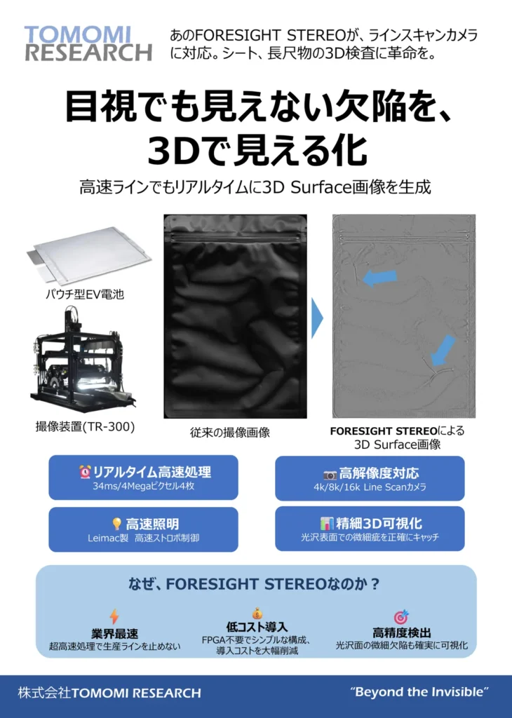 FORESIGHT STEREO ラインスキャンカメラ対応 資料の表紙。「目視でも見えない欠陥を、3D で見える化」の見出しと、通常撮像と 3D Surface の比較図。