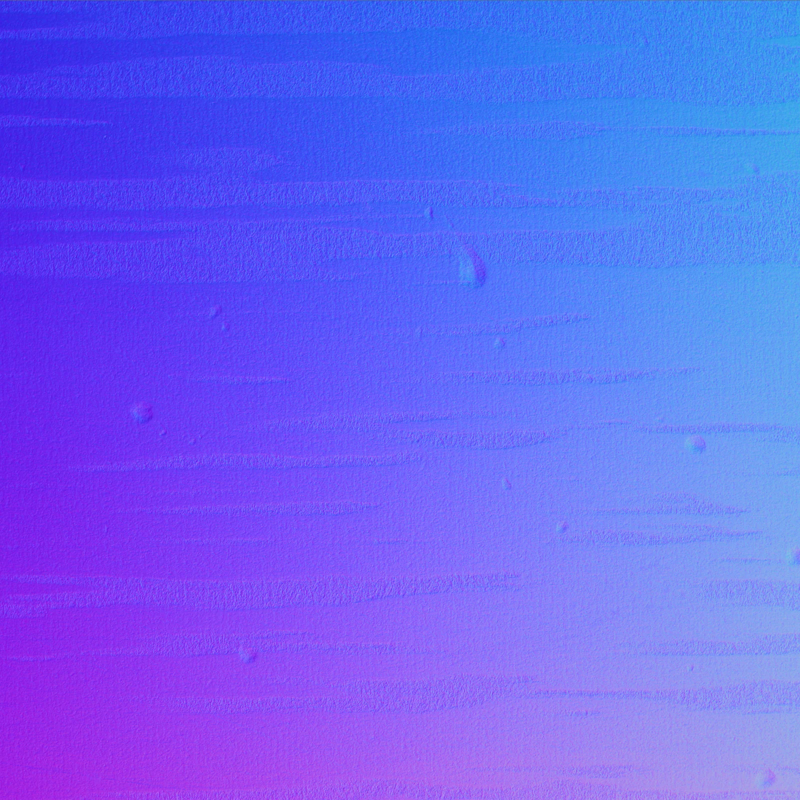 同じ鋼板の Surface Normal 出力。一様な灰色に見えていた面に、押し疵のくぼみと圧延方向の細かな筋目が、面の向きの違いとしてはっきり現れている。