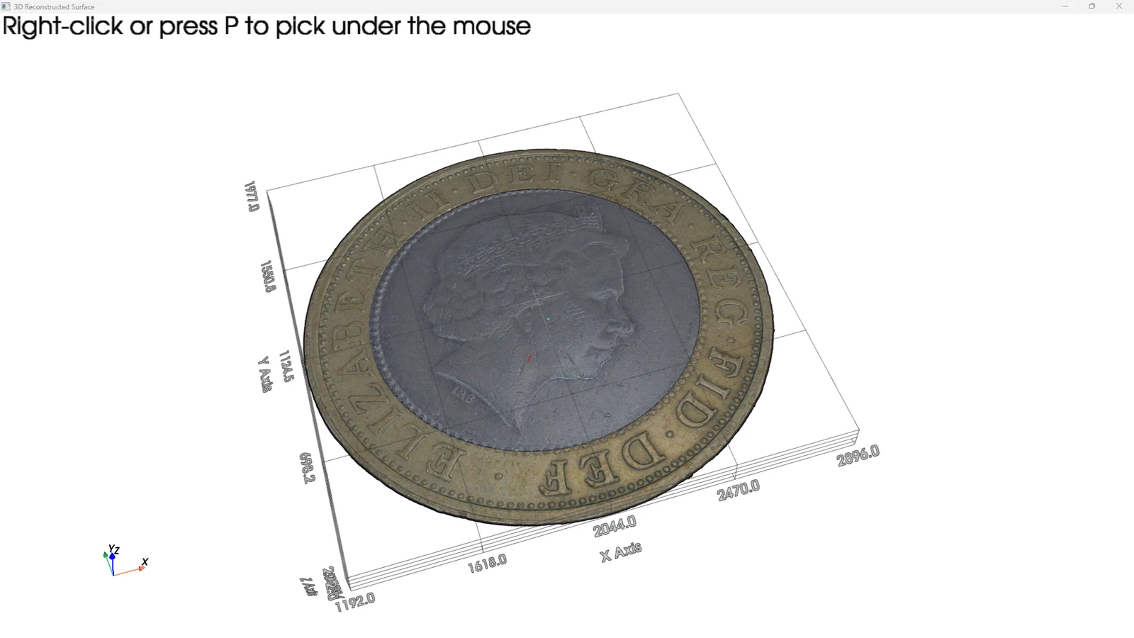 FORESIGHT STEREO Viewer の3D表示。復元した硬貨の表面形状を斜めから見たところ。真上からの1枚では分からなかった起伏が読み取れる。
