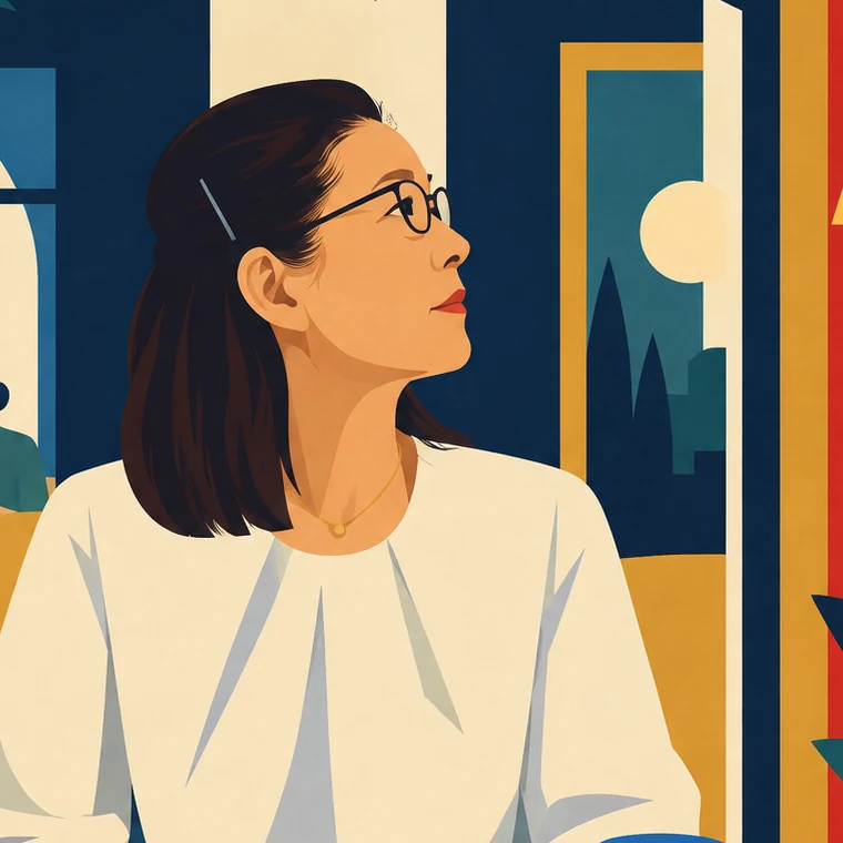 Illustrated portrait of Dr. Tomomi Sato, CEO, wearing glasses and a white shirt, looking up and to the side. The background is a drawn interior scene.