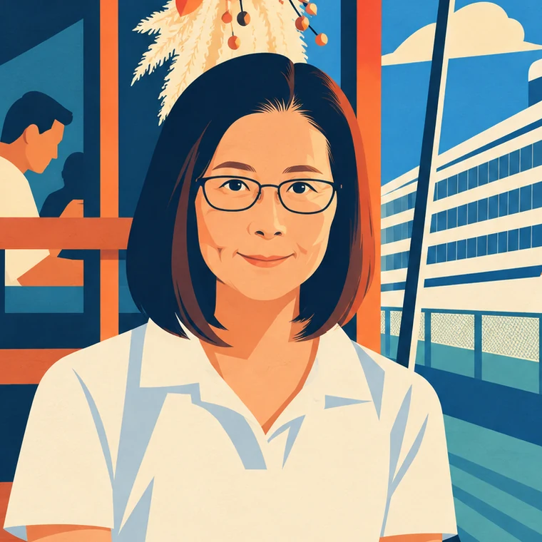 代表取締役 CEO 佐藤友美の、イラストによるポートレート。眼鏡をかけ、白いシャツで正面をやや斜めから見ている。背景には港に停まる船が描かれている。