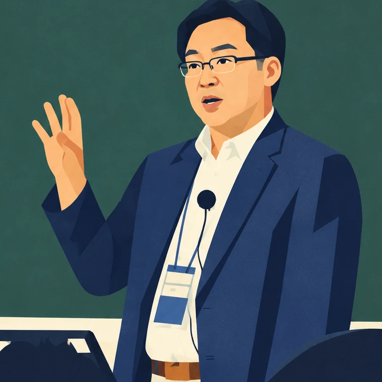 Illustrated portrait of Dr. Seong-Hun Choe, CTO, wearing glasses and a jacket with a name badge, speaking with one hand raised. The background is a drawn lecture room.