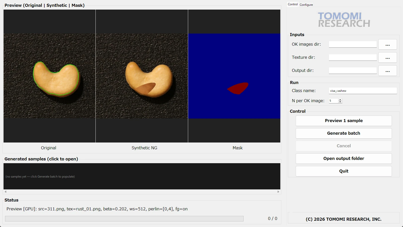 E3 Anomaly Synthetic Generator の操作画面。左に元画像・合成NG・マスクの3面プレビュー、右に入力フォルダの指定欄と実行ボタンの操作パネルが並ぶ。黒い背景に置いたカシューナッツの元画像には、欠陥を置いてよい範囲を示す緑の輪郭線が引かれている。合成NGでは、同じカシューナッツの下側の中ほどに、本ソフトで合成した茶色いしみ状の欠陥が入っており、マスク欄は同じ位置を赤で示している。