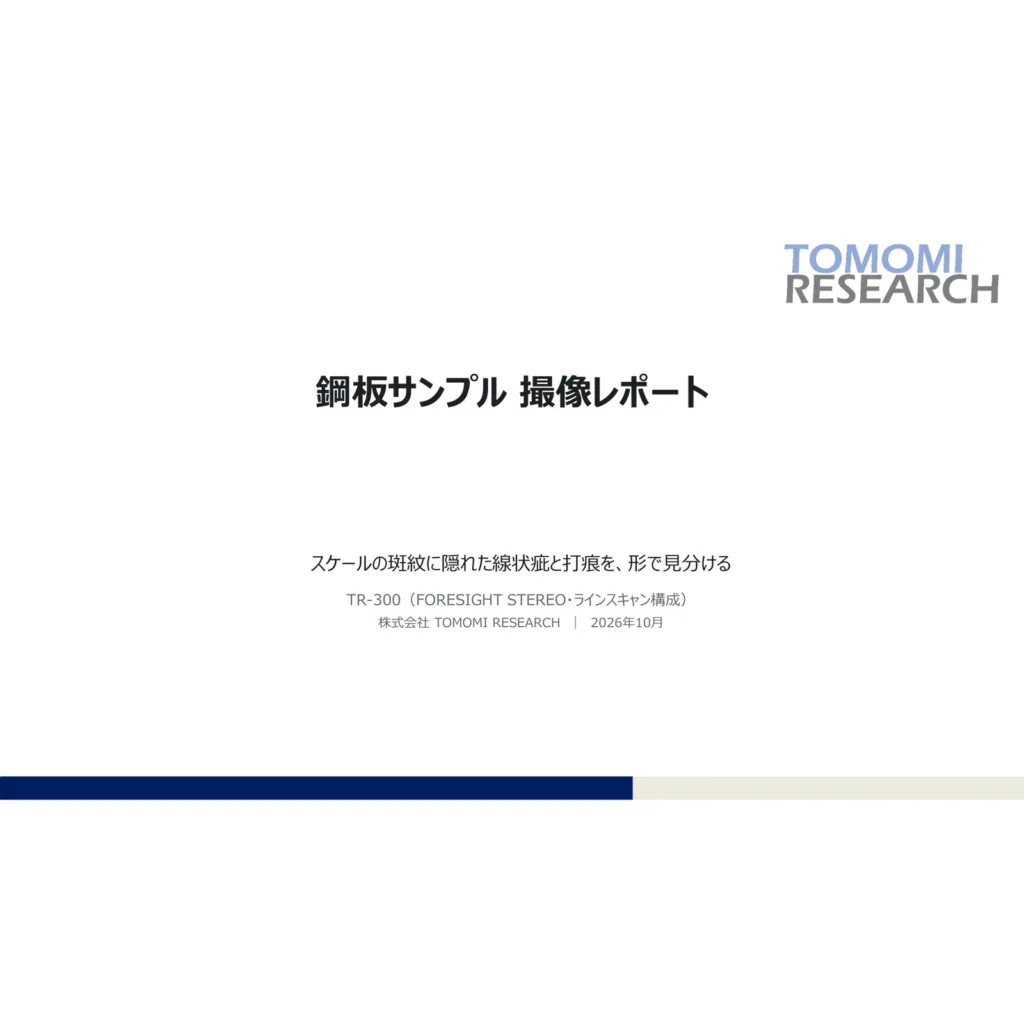 資料「撮像レポート：鋼板のスケール斑紋に隠れた線状疵と打痕」の表紙。