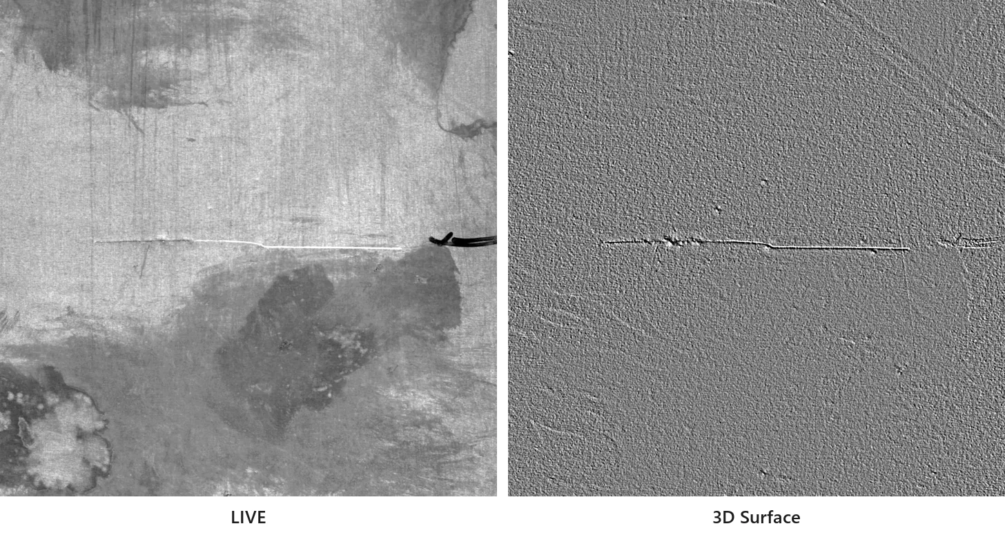 横方向の線状疵の拡大。LIVE では地金が露出した部分が白く光り、3D Surface でも同じ位置に線が現れている。